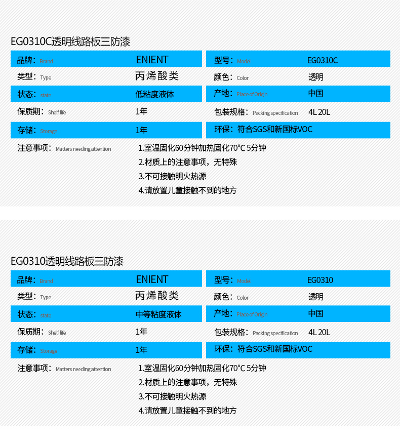EG0310透明線路板三防漆具有優(yōu)異的防水、防潮、防塵、絕緣性能，同時耐冷熱沖擊、耐老化、耐輻射、耐鹽霧、耐腐蝕、耐振動、耐電弧，柔韌性、附著力等性能良好，帶熒光指示，可檢查噴涂是否到位。