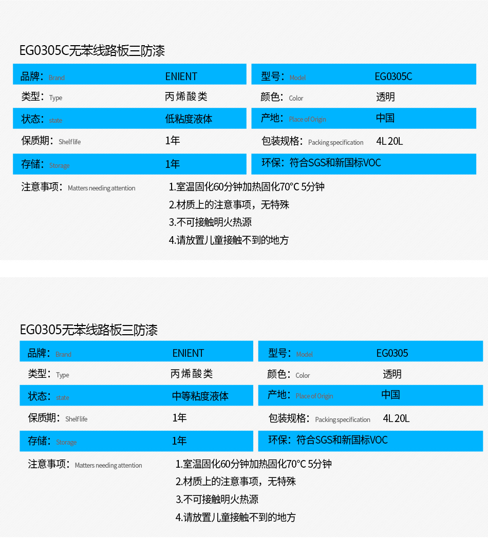 EG0305無苯線路板三防漆具有優(yōu)異的防水、防潮、防塵、絕緣性能，同時(shí)耐冷熱沖擊、耐老化、耐輻射、耐鹽霧、耐腐蝕、耐振動(dòng)、耐電弧，柔韌性、附著力等性能良好，帶熒光指示，可檢查噴涂是否到位。
